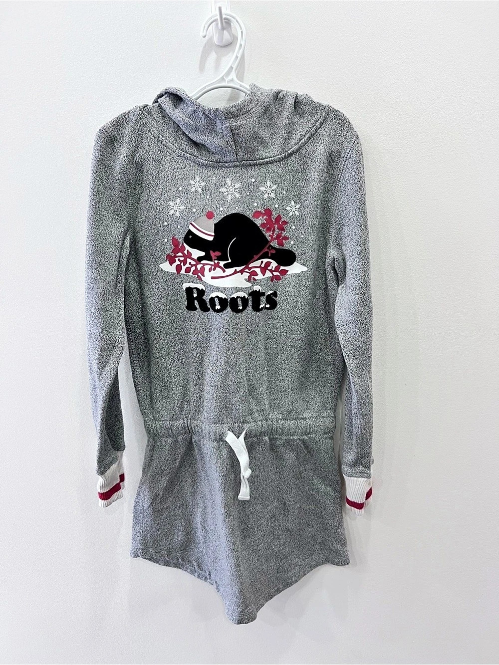 Roots Kids Girls 7-8 Holiday Beaver Hooded Romper Salt & Pepper Grey Canada